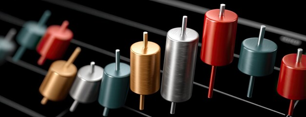 A dynamic candlestick chart displays colorful bars in vibrant gradients on a black background, showcasing financial trends visually