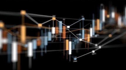 A dynamic candlestick chart displays colorful bars in vibrant gradients on a black background, showcasing financial trends visually