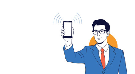 Man in suit holding up smartphone with wireless signal waves emanating from it