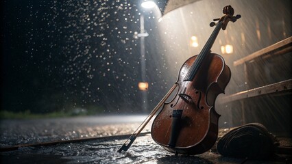 An isolated antique wooden violin with its bow evokes classical melodies in the dark