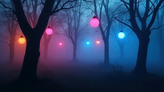 Enchanted forest with glowing orbs trees mist