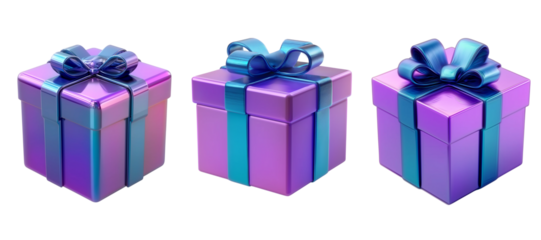 Blue purple gift box with ribbon holographic Iridescent 3d render transparent background, cutout.