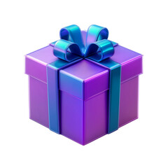 Blue purple gift box with ribbon holographic Iridescent 3d render transparent background, cutout.