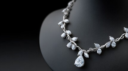 Extravagant diamond necklace showcases intricate design with water drop-shaped gems and white gold vines against soft lighting