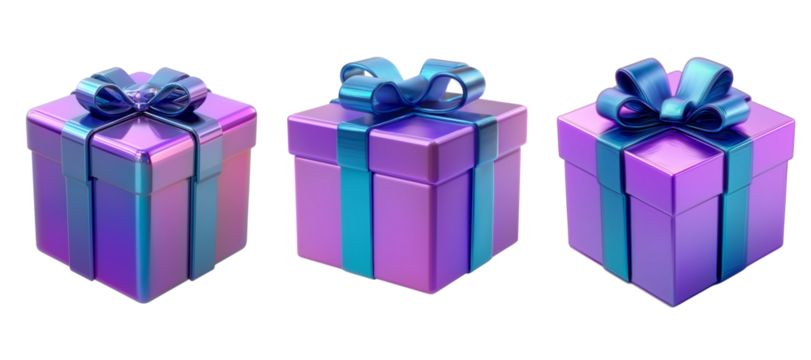 Blue purple gift box with ribbon holographic Iridescent 3d render transparent background, cutout.