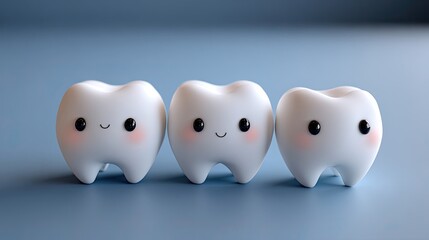 Three adorable tooth characters smile cheerfully against a light blue backdrop, glowing softly in a close-up, minimalistic 3D illustration