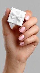 Delicate hand displaying a white gift box adorned with a ribbon, showcasing a simple yet elegant gift presentation against a grey backdrop.