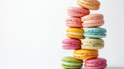 Stack of colorful macaron ice cream sandwiches, clean white background