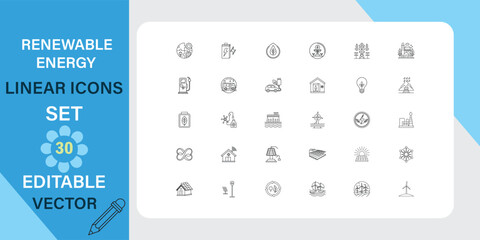A collection of clean, minimalist linear icons representing various forms of renewable energy.