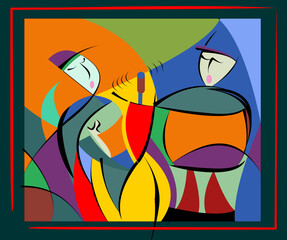 Colorful background, cubism art style,couple of singers