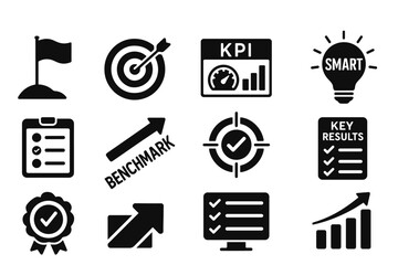 Set of black and white business goal achievement icons in glyph style
