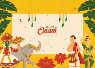 Happy Onam festival concept with Kathakali dancer, Kerala’s traditional people, and floral decorations. Ideal for festive posts, greeting cards, and celebration banners.