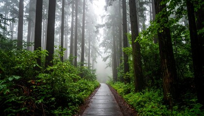 Misty forest path scene