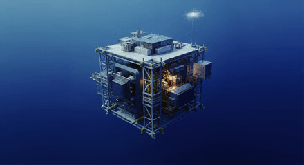 A submerged, detailed illustration of an offshore oil and gas platform.