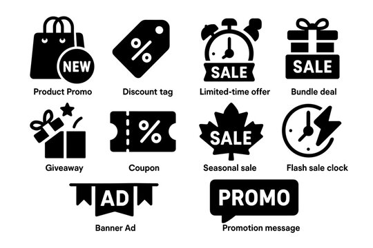 Set of monochromatic promotional icons for sales and discounts
