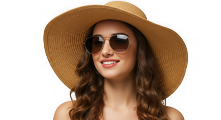 Young woman wearing a wide brim straw hat and sunglasses smiling happily isolated on transparent background