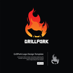 Grill Pork logo template with a pig silhouette inside the flame.