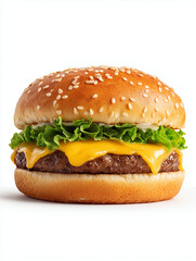 Juicy beef burger with melted cheese and sesame seed bun isolated on white background