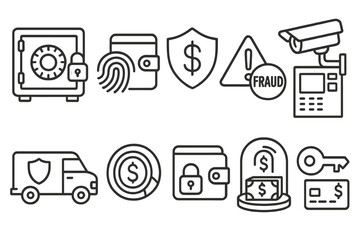 Fototapeta premium Set of black and white line icons for financial security and fraud prevention