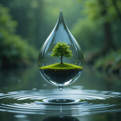 A tree on a miniature island inside a water droplet.