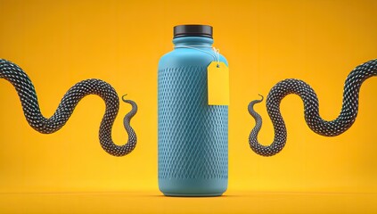 Teal water bottle, with black snakes, on orange background