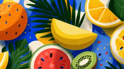 Colorful Summer Fruit Illustration with Tropical Leaves