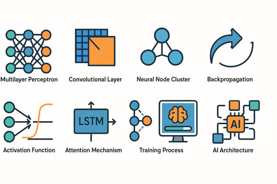 Collection of neural network and machine learning icons in line art style