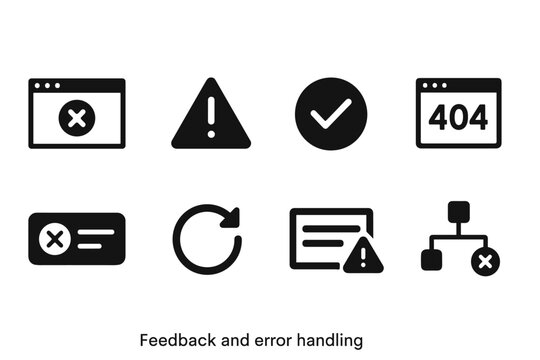 Set of black outline icons illustrating Feedback and error handling for user interface design