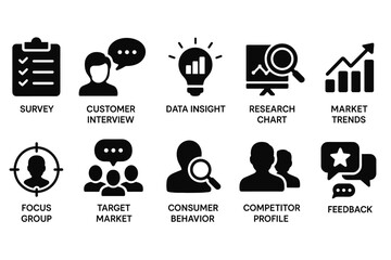 Set of bold black icons for market research and analysis in minimalistic style
