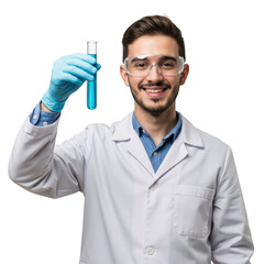 Smiling scientist wearing protective eyewear and gloves holds up a blue liquid filled test tube isolated on transparent background