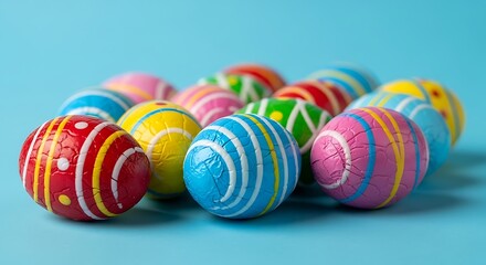 Colorful Striped Foil-Wrapped Chocolate Easter Eggs on a Bright Blue Background for Holiday Celebrations