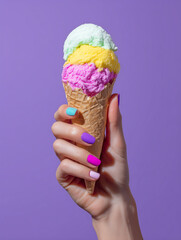 Ice cream cone with three pastel scoops isolated on purple background, photograph