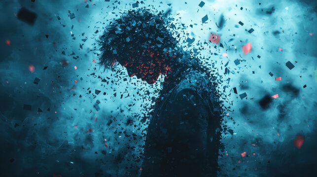 Human silhouette fractured into digital shards amidst noise and distractions illustrating mental fatigue from constant notifications