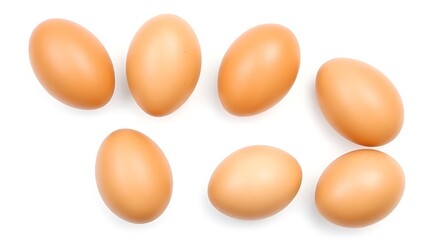Fresh brown eggs with natural texture, isolated on a pure white background under soft overhead lighting.