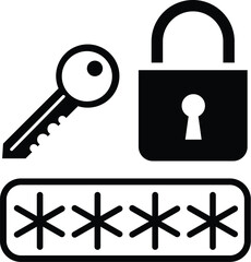password security vector icon with lock, key and asterisks, black and white flat design symbol for login, privacy protection, secure access and authentication