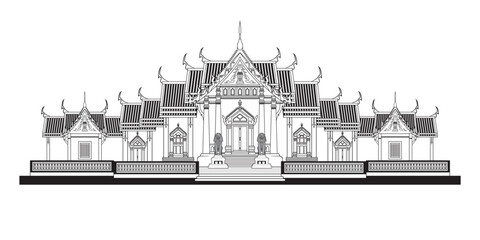 Illustration vector Bangkok Thailand symbols with famous beautiful marble temple Wat Benchamabophit Dusitvanaram drawing in black and white