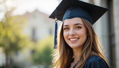 A happy smiling caucasian woman wearing a black graduation cap. 