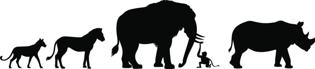 African animal silhouettes bundle — lion, cheetah, zebra, elephant, monkey, rhino — wild safari vector illustration for jungle design