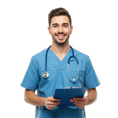 Smiling male medical professional wearing blue scrubs and stethoscope holding a clipboard isolated on transparent background
