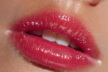 Glossy fuchsia lips shimmer under studio lights in beauty fashion close-up