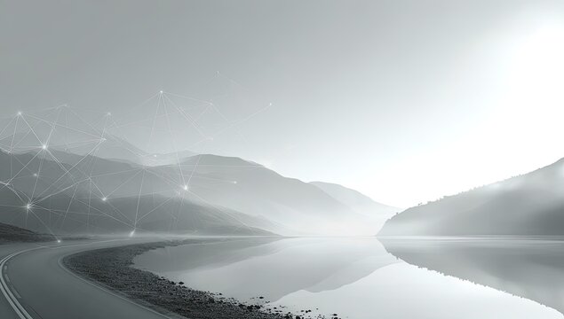 Serene, grayscale landscape with road and lake.  Connecting lines overlay the scene