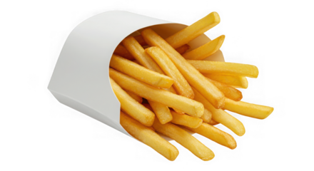 Crispy golden french fries spilling out of a white paper container isolated on transparent background