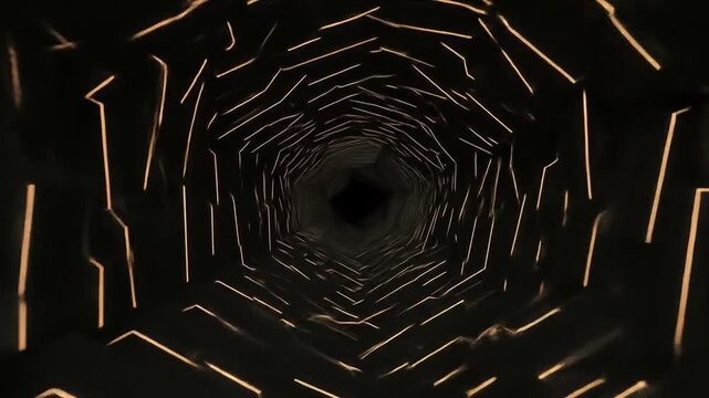 Abstract digital tunnel, glowing lines, dark background, geometric patterns, receding perspective.
