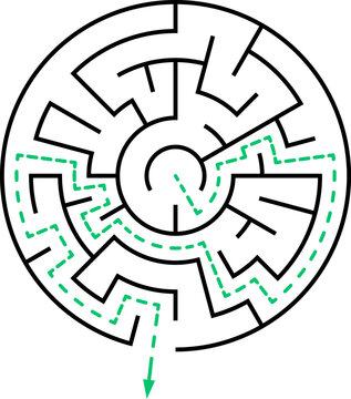 Vector circular labyrinth. Difficulty level - easy. Maze inside the circle. Solution included - colorful passing route. Logic game for young children from 2 to 5 age