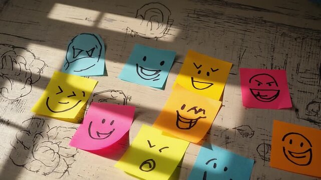 Bunch of colorful sticky notes with different faces on them