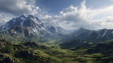 Fototapeta premium Majestic mountain range with snow-covered peaks and lush green valleys, dramatic cloudy sky, panoramic natural scenery, wilderness and adventure travel photography 