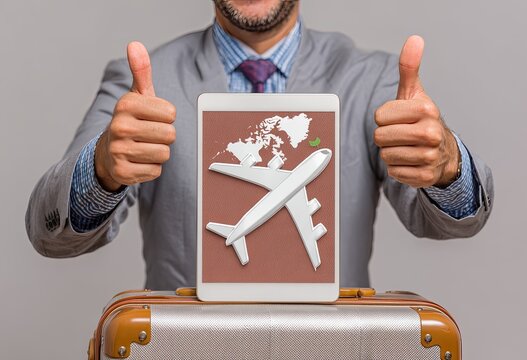 Businessman holding tablet with airplane and world map, giving thumbs up, next to suitcase