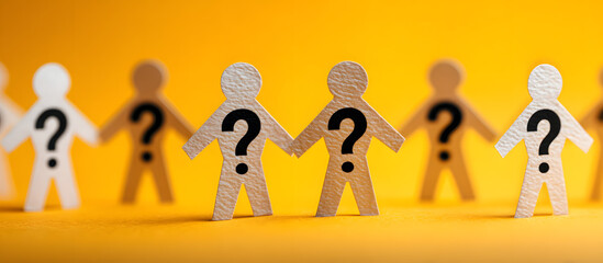 Conceptual image depicting paper people chain with question marks on vacant positions, indicating the need to hire staff due to shortages.