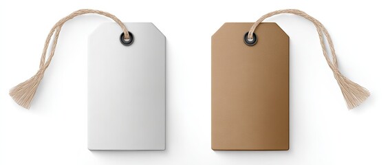 Two blank product tags, one white, one brown, with jute string and tassel