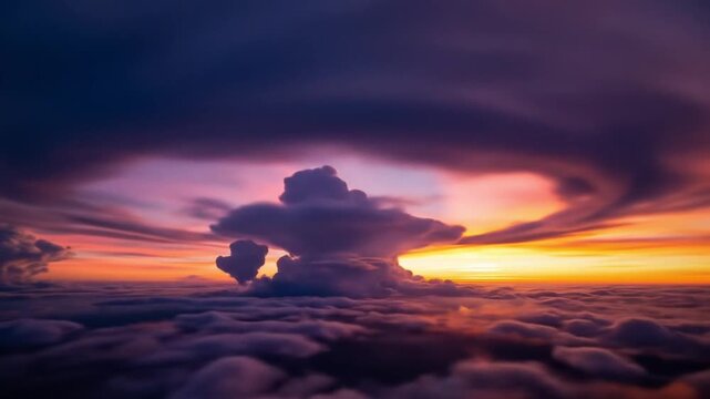 Dramatic sunset sky with a large cumulonimbus cloud formation above a sea of lower clouds, illuminated with orange and purple light.